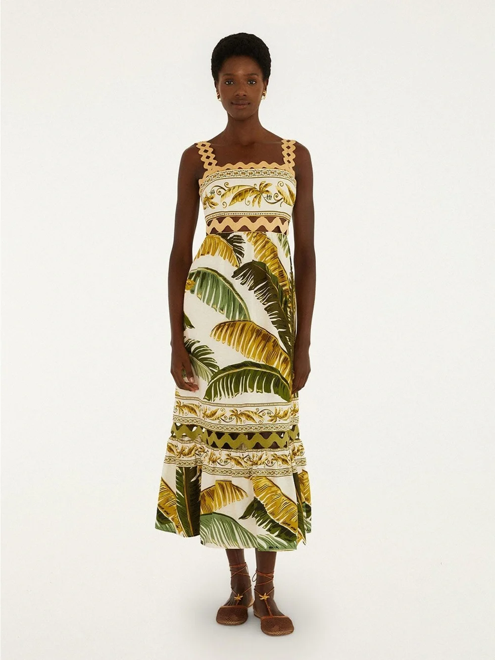 FARM Rio Cream Midi Dress with Green & Yellow Tropical Leaf Print